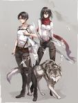  1girl black_hair highres kawauso levi_(shingeki_no_kyojin) mikasa_ackerman paradis_military_uniform scarf shards shingeki_no_kyojin short_hair sword tearing_clothes three-dimensional_maneuver_gear torn_clothes weapon wolf 