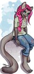 anthro barefoot blue_eyes braided_hair cat clothed clothing digitigrade eyelashes feline female fur grey_fur hair looking_at_viewer mammal pink_hair robyn_paperdoll simple_background sitting smile solo 