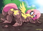  2016 all_fours anthro anthrofied ass_up blue_eyes breast_squish breasts butt cutie_mark equine feathered_wings feathers female fluttershy_(mlp) friendship_is_magic hair looking_back mammal mud my_little_pony outside pegasus pink_hair pussy solo willisrisque wings 