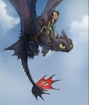  2017 clothed clothing cloud dragon duo feral flying freckles hiccup_(httyd) how_to_train_your_dragon human male mammal monoflax night_fury outside riding saddle sky toothless 