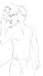  2017 anthro bulge canine clothed clothing digital_media_(artwork) english_text ferret fur greyscale grin hiding_face hybrid male mammal monochrome mustelid otter paper partially_clothed rufus_tech_(character) rufustech_(artist) simple_background sketch smile solo text white_background wolf 