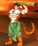  amulet black_hair bulge cannon cloth confede croiyan feline fur hair hand_on_hip hashim_(character) male mammal muscular muscular_male navel nipples orange_fur ranged_weapon striped_fur stripes sunset tiger towel vein water weapon white_fur yellow_eyes 