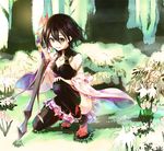  :d black_hair black_legwear blush breasts brown_eyes character_request cleavage commentary_request detached_sleeves flower forest full_body hair_between_eyes hair_flower hair_ornament holding holding_sword holding_weapon looking_at_viewer lord_of_vermilion lord_of_vermilion_iii medium_breasts nature one_knee open_mouth red_legwear reverse_grip sandals short_hair smile socks solo sword tabi thighhighs weapon wide_sleeves yue_(pixiv2547) 