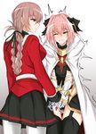  1girl age_difference astolfo_(fate) belt black_legwear blush braid breasts clenched_teeth commentary_request crotch_grab fang fate/apocrypha fate/grand_order fate_(series) florence_nightingale_(fate/grand_order) garter_straps gloves grabbing hair_ribbon hetero highres large_breasts long_hair military military_uniform one_eye_closed otoko_no_ko pantyhose pink_hair piro_(iiiiiiiiii) purple_eyes red_eyes ribbon ryona single_braid skirt tears teeth thighhighs trembling uniform white_gloves wince 