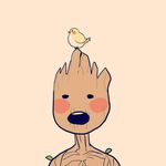  ambiguous_gender avian bird cute digital_media_(artwork) duo groot guardians_of_the_galaxy leaf marvel open_mouth simple_background surprise unknown_artist what 