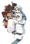  absurdres blue_hair character_doll chikaishi_chisato commentary_request hamada_yoshikazu highres japanese_clothes kagami_kazuya kimono kiriha_(tsugumomo) long_hair making_of official_art pointy_ears red_eyes sharp_teeth simple_background socks solo tabi teeth tsugumomo white_background 