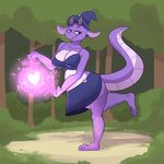  anthro breasts clothed clothing dragon female forest hat hi_res horn komponi looking_at_viewer magic outside scalie smile solo standing tree witch_hat 