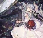  asymmetrical_hair blood boots breasts broken_glass chain commentary_request detached_sleeves dress flower glass gloves high_heels kikkaiki rose sideboob silver_eyes silver_hair sinoalice small_breasts snow_white_(sinoalice) solo sword thigh_boots thighhighs weapon 