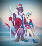  2018 anthro clothed clothing day detailed_background digital_media_(artwork) digitigrade dragon duo green_eyes horn kodardragon membranous_wings open_mouth outside purple_eyes scalie sky smile snow teeth tongue western_dragon wings 