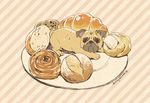 bread croissant dog food hair_bun mojacookie no_humans pastry pug signature striped striped_background 