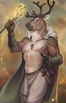  2017 5_finger abs anthro antlers armor bandage belt biceps blue_eyes brown_fur bulge cape cervine clothed clothing dagger digital_media_(artwork) ear_piercing feathers fur gauntlets gloves holding_object horn invalid_tag jewelry looking_at_viewer magic male mammal melee_weapon muscular necklace nipples pants piercing reindeer ring smile solo staff standing teeth weapon white_fur yulliandress 