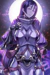  arm_guards belt bodysuit breasts cape cleavage commentary_request covered_navel cowboy_shot fate/grand_order fate_(series) fingerless_gloves full_moon gloves hand_on_own_chest large_breasts long_hair looking_at_viewer low-tied_long_hair minamoto_no_raikou_(fate/grand_order) moon night night_sky parted_lips pelvic_curtain petals purple_eyes purple_hair skindentation sky smile solo tomoyohi 