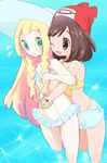  ;d bare_shoulders beanie bikini bikini_top black_hair blonde_hair blush braid breasts brown_eyes chorimokki frilled_swimsuit frills green_eyes hat hug hug_from_behind lillie_(pokemon) long_hair mizuki_(pokemon) multiple_girls navel one_eye_closed open_mouth partially_submerged pokemon pokemon_(game) pokemon_sm short_hair short_shorts shorts small_breasts smile sun_hat swimsuit twin_braids water yuri z-ring 