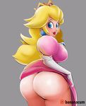  1girl animated animated_gif ass ass_shake bananacum blonde_hair blue_eyes bouncing_breasts breasts dress dress_lift huge_ass lips looking_at_viewer looking_back mini_crown princess_peach simple_background smile solo super_mario super_mario_bros. thong watermark 