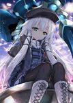  altina_orion beret black_legwear boots cross-laced_footwear eiyuu_densetsu green_eyes hair_ribbon hat highres kibasuke long_hair pantyhose ribbon sen_no_kiseki sen_no_kiseki_3 sitting white_hair 