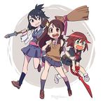  artist_name backpack bag black_hair blue_eyes blush broom brown_hair company_connection cosplay costume_switch erica_mendez flying_sweatdrops gloves hair_ornament holding holding_broom kagari_atsuko kagari_atsuko_(cosplay) kill_la_kill little_witch_academia long_hair looking_at_viewer luluco luluco_(cosplay) luna_nova_school_uniform mago matoi_ryuuko matoi_ryuuko_(cosplay) multicolored_hair multiple_girls open_mouth pleated_skirt school_uniform scissor_blade seiyuu_connection senketsu serafuku short_hair skirt skirt_lift smile star star_hair_ornament streaked_hair sweater_vest trigger_(company) uchuu_patrol_luluco wavy_mouth 