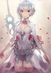  armor armored_dress asymmetrical_hair bangs black_eyes blush breasts center_opening cleavage commentary dress eyebrows_visible_through_hair gloves long_sleeves looking_at_viewer matsuda_(matsukichi) medium_breasts petals sinoalice skirt snow_white_(sinoalice) solo sword thighhighs weapon white_dress white_hair 