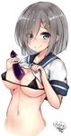  bikini blue_eyes blush breasts cleavage colis_(regunm772) eggplant food hair_ornament hairpin hamakaze_(kantai_collection) highres holding holding_food ikazuchi_(kantai_collection) inazuma_(kantai_collection) kantai_collection large_breasts looking_at_viewer micro_bikini navel shirt_lift short_hair silver_hair swimsuit 