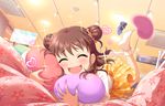  artist_request bangs bed blush brown_hair checkered closed_eyes double_bun floral_print hair_ornament happy heart idolmaster idolmaster_cinderella_girls idolmaster_cinderella_girls_starlight_stage mary_janes munakata_atsumi official_art open_mouth pillow shoes shoes_removed shop short_hair skirt smile socks solo sparkle white_legwear 
