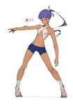  alternate_costume bare_shoulders bike_shorts commentary_request dark_skin facial_mark fate/grand_order fate_(series) full_body highres jikatarou long_hair looking_at_viewer midriff navel nitocris_(fate/grand_order) open_mouth ponytail purple_eyes purple_hair smile solo standing toes white_background 