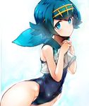  blue_eyes blue_hair highres looking_at_viewer nishiide_kengorou one-piece_swimsuit pokemon pokemon_(game) pokemon_sm sailor_collar short_hair solo suiren_(pokemon) swimsuit swimsuit_under_clothes upper_body 