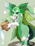  &lt;3 2017 ambiguous_gender anthro big_butt blush butt carbuncle cecily_lin earth_light_carbuncle featureless_crotch fur gem green_eyes green_fur green_hair hair kemono mammal nude open_mouth puzzle_&amp;_dragons simple_background smile solo standing tongue video_games watering_can white_fur wide_hips 