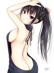  absurdres aran_sweater ass backless_dress backless_outfit bangs bare_back bare_shoulders black_hair black_sweater blush breasts butt_crack dress eyebrows_visible_through_hair hair_between_eyes halterneck highres kurokami_(kurokaminohito) large_breasts long_hair looking_at_viewer meme_attire naked_sweater original parted_lips ponytail ribbed_sweater sideboob simple_background smile solo sweater sweater_dress turtleneck turtleneck_sweater virgin_killer_sweater white_background 
