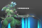  16:9 2016 abs anthro areola belt big_areola big_breasts blue_eyes blue_scales breasts butt_from_front camo cape clothed clothing cool_colors crossgender dinosaur explosives female gloves glowing glowing_eyes green_scales grenade gun hi_res looking_at_viewer muscular muscular_female navel nipples non-mammal_breasts panties ranged_weapon raptor scales scalie skimpy skygracer small_waist smile solo spikes teeth text theropod thick_thighs topless underwear vergence vergette weapon 