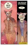  2016 anthro blush captain_nikko cat clothed clothing comic digital_media_(artwork) english_text feline fur heterochromia hi_res male mammal milo_(captain_nikko) multicolored_fur shirt surprise text theo_hightower tree 