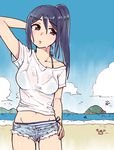  aircraft beach bikini bikini_under_clothes blue_hair breasts cloud cloudy_sky cowboy_shot crab day denim denim_shorts eyebrows_visible_through_hair halterneck hand_behind_head hand_on_hip helicopter island kamui87 long_hair love_live! love_live!_sunshine!! matsuura_kanan medium_breasts midriff navel ocean outdoors parted_lips purple_eyes sand see-through shark_fin shirt short_shorts short_sleeves shorts side_ponytail sky solo swimsuit t-shirt thigh_gap white_shirt 