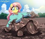  2016 anthro anthrofied clothed clothing cloud equine female fluttershy_(mlp) friendship_is_magic hair hi_res horse long_hair mammal mud my_little_pony outside pink_hair pony solo willisrisque 