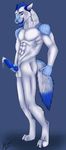  2016 5_fingers abs anthro balls blue_background blue_eyes blue_fur blue_hair canine cinta cum cum_on_penis erection eyebrows fur hair holding_penis looking_at_viewer male mammal multicolored_fur multicolored_hair muscular nail one_eye_closed penis simple_background solo standing tongue tongue_out vein white_fur white_hair wink wolf 