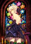 artoria_pendragon_(all) back bare_shoulders black_bow black_choker black_dress black_gloves blonde_hair bow breasts briska candle choker church closed_mouth cowboy_shot dark_excalibur dress elbow_gloves expressionless fate/stay_night fate_(series) fire flame from_behind gloves hair_between_eyes hair_bow hair_bun holding holding_sword holding_weapon indoors light_particles looking_back medium_breasts saber_alter short_hair sideboob signature solo stained_glass standing sword thighhighs unsheathed weapon yellow_eyes zettai_ryouiki 