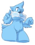  anthro avian beak big_breasts bird blue_feathers bottomless breasts clothed clothing feathers female huge_breasts logo low-angle_view meme nipple_bulge pussy simple_background solo somnamg tight_clothing tweetfur twitter under_boob white_background worm&#039;s-eye_view 
