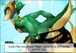  anthro anus blush breasts clothing dialogue drauk english_text ever_oasis female goat-head_(artist) green_eyes lizard looking_back miura nintendo nipples pussy pussy_juice reptile scalie small_breasts smile solo text torn_clothing undressing video_games 