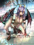  bare_shoulders blush breasts cleavage clenched_teeth collar collarbone commentary_request cuffs dragon_girl dragon_horns dragon_tail dragon_wings full_body gyakushuu_no_fantasica hair_between_eyes horns kneeling large_breasts long_hair looking_at_viewer official_art purple_hair ryuki@maguro-ex scales shackles shirt solo tail tattoo teeth torn_clothes torn_shirt wings yellow_eyes 