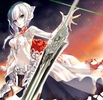  black_legwear blue_eyes breasts dress gloves inoue_mamori looking_at_viewer sinoalice small_breasts snow_white_(sinoalice) solo sword thighhighs weapon white_gloves white_hair 