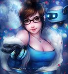  artist_name black-framed_eyewear black_hair blue_gloves blue_shirt body_freckles bra bra_peek breasts brown_eyes brown_hair casual cleavage closed_mouth freckles full_moon fur_trim glasses gloves hair_bun hair_ornament hair_stick jewelry large_breasts light_smile lips looking_at_viewer matty_lasuire mei_(overwatch) moon necklace night night_sky off_shoulder outstretched_arm outstretched_hand overwatch petals rectangular_eyewear shirt short_hair single_glove sky snowball_(overwatch) snowflake_hair_ornament solo star_(sky) starry_sky tank_top underwear upper_body 