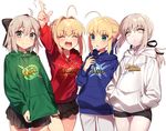  :d :o ^_^ ahoge alternate_costume arm_up artoria_pendragon_(all) arts_shirt black_ribbon black_skirt blonde_hair blue_ribbon blush braid buster_shirt closed_eyes closed_mouth commentary cowboy_shot expressionless extra_attack_shirt fate/extra fate/grand_order fate/stay_night fate_(series) french_braid grey_eyes grey_hair hair_intakes hair_ribbon half_updo hand_up hands_in_pocket hands_in_pockets hood hoodie index_finger_raised koha-ace lineup looking_at_another looking_at_viewer multiple_girls nero_claudius_(fate) nero_claudius_(fate)_(all) okita_souji_(fate) okita_souji_(fate)_(all) open_mouth pleated_skirt pointing pointing_up ponytail quick_shirt ribbon saber saber_alter sakura_yuki_(clochette) short_hair shorts sidelocks simple_background skirt smile white_background yellow_eyes 