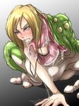  1girl bhm blonde_hair blue_eyes blush clenched_teeth frog gradient_background monster saliva tongue vore wet 