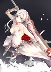  armor armored_dress breasts cleavage eyelashes flower gloves highres holding holding_sword holding_weapon huge_weapon pale_skin rose silver_eyes silver_hair simple_background sinoalice small_breasts snow_white_(sinoalice) solo sword thighhighs weapon yuzunee 