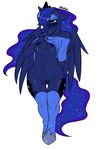  2013 anthro anthrofied avante92 blue_eyes blue_feathers blue_hair breasts clothing equine feathered_wings feathers female friendship_is_magic hair hi_res horn legwear mammal my_little_pony navel nipples nude one_breast_out open_mouth princess_luna_(mlp) pussy solo stockings winged_unicorn wings 