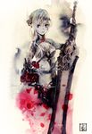  armor armored_dress blue_eyes breasts chain cleavage eyelashes flower gloves graphite_(medium) looking_at_viewer mechanical_pencil medium_breasts pale_skin pencil petals red_flower red_rose rose silver_hair simple_background sinoalice snow_white_(sinoalice) solo standing sword tikuwabu traditional_media watercolor_(medium) weapon 