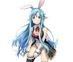 adjusting_clothes adjusting_legwear animal_ears asuna_(sao) asuna_(sao-alo) blue_eyes blue_hair breasts bunny_ears choker cleavage cowboy_shot fake_animal_ears floating_hair garters hairband leotard long_hair looking_at_viewer medium_breasts neck_ribbon official_art parted_lips pointy_ears purple_eyes red_ribbon ribbon solo standing sword_art_online sword_art_online:_code_register thighhighs transparent_background white_leotard wrist_cuffs 