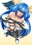  :o bare_shoulders black_legwear blue_hair breasts cleavage dizzy from_above guilty_gear highres large_breasts long_hair md5_mismatch parted_lips red_eyes simple_background solo tama_(tamakaka1031) thighhighs very_long_hair white_background 