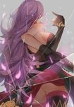  ass bad_id bad_pixiv_id bangs bare_shoulders breasts broken_glass cinderella_(sinoalice) dark_skin dress elbow_gloves facing_away glass gloves grin gun holding holding_gun holding_weapon large_breasts long_hair pink_hair reido_(reido_c) sideboob simple_background sinoalice smile solo thighhighs weapon 