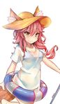  animal_ears bikini blue_bikini blush breasts cleavage ears_through_headwear fate/extra fate/grand_order fate_(series) fox_ears fox_tail hat highres large_breasts long_hair looking_at_viewer pink_hair see-through shirt simple_background solo sun_hat swimsuit t-shirt tail tamamo_(fate)_(all) tamamo_no_mae_(fate) tamamo_no_mae_(swimsuit_lancer)_(fate) wet wet_clothes wet_shirt wet_t-shirt white_background yellow_eyes zeroyama 