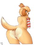  2016 animal_crossing anthro arm_warmers armwear big_butt butt canine clothing dog female fur green_eyes hair hi_res isabelle_(animal_crossing) looking_at_viewer looking_back mammal marblesoda nintendo nude pussy rear_view shih_tzu shy simple_background simple_pussy solo video_games 