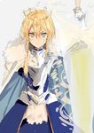  absurdres armor artoria_pendragon_(all) artoria_pendragon_(lancer) blonde_hair crown fate/grand_order fate_(series) glowing green_eyes highres long_hair looking_at_viewer pinch_(nesume) polearm rhongomyniad solo spear weapon 