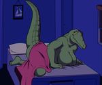  2017 anthro areola bed bedroom_eyes big_breasts breasts chromatic_aberration claws crocodile crocodilian female green_areola green_nipples green_skin half-closed_eyes lonbluewolf nipples nude reptile scalie seductive slightly_chubby smile solo the_simpsons yellow_eyes 